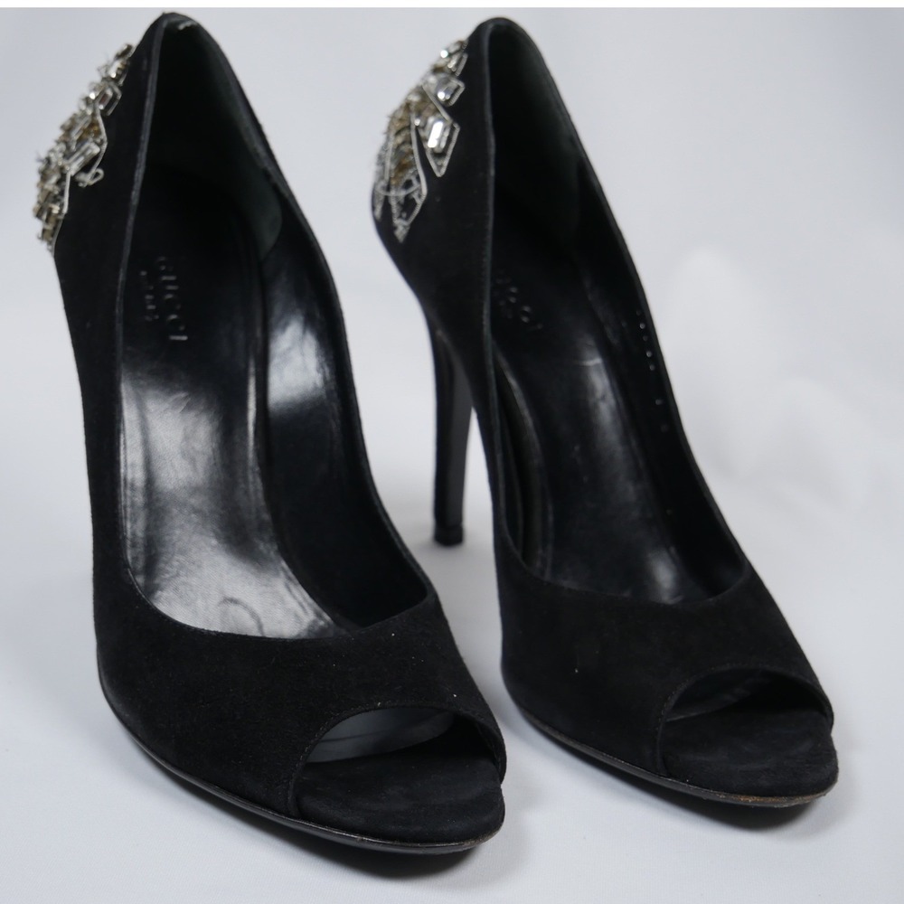 Gucci Black Suede Crystal Embellished Peep Toe Pumps 186938 C2000 7B - Picture 14 of 15